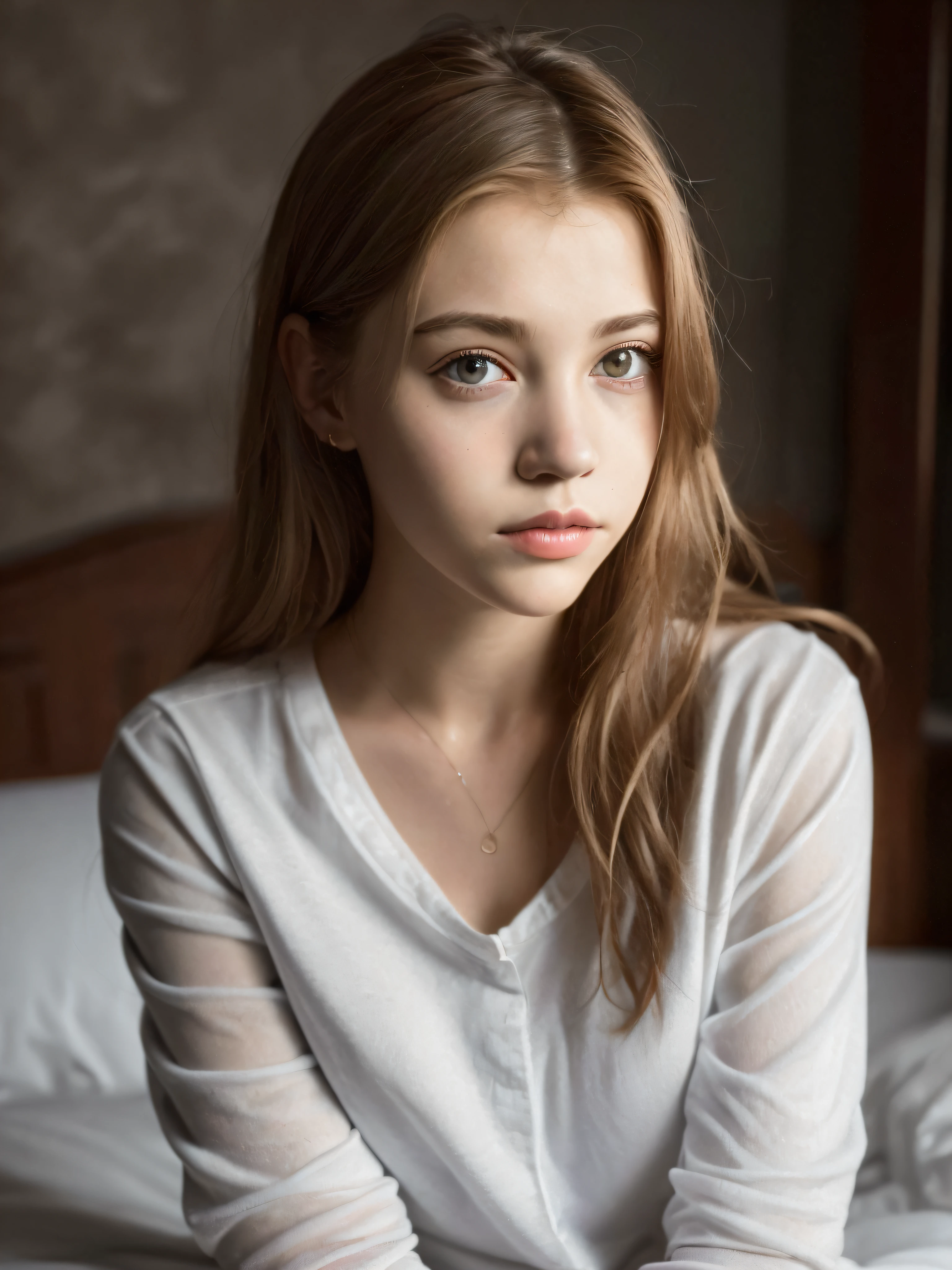 Portrait of an 18 year old cute beautiful perfect face it teen, she is happy, very beautiful Russian, raw, in bed, (dark private study, dark and moody light: 1.2)