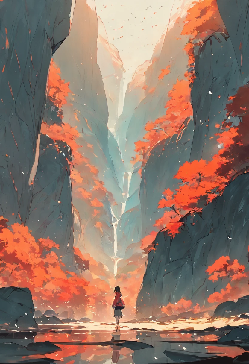 Look at the red mountains all over,The layers of the forest are full of dye;The river is clear,A hundred boats compete for the current。