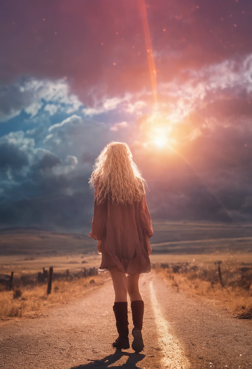 tmasterpiece,best qualtiy,cinematic Film still from,1girl,clouds,Caucasian blonde girl,Floating in the sky,closeup cleavage,brightly,cheerfulness,Warm and soft lighting,the sunset,(spark of light:0.7)
