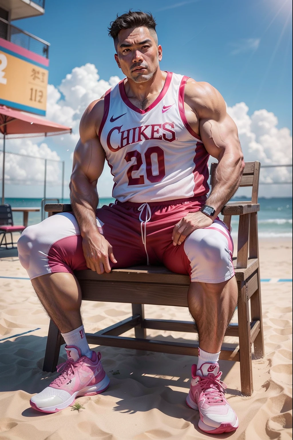 50-year-old middle-aged man，grampa，Man，Height 195，Asian people，Chinese big breasts，sit on chair，God perspective，The eyes are about to face each other，largeeyes，Chinese men，musculature，Lift one foot，Wearing a cherry blossom pink Nike basketball vest，White basketball pants，The number 26 is written on the basketball uniform，Sakura pink Nike high leg basketball shoes，Rope in hand，Ferocious and ferocious，Beach in the background，Black color hair