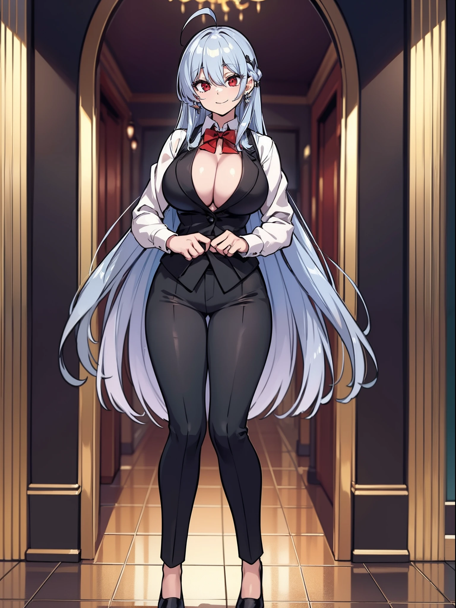 (masterpiece:1.5) highlydetailed,ultra-detailed, cold, solo, (1boy:0.8, 1girl:0.8), ahoge, bangs, black footwear, black hair, black jacket, black pants, bow, bowtie, braid, breasts, cleavage, (dress:0.8), earrings, (formal:1.2), jacket, jewelry, long hair, long sleeves, looking at viewer, pants, red eyes, shirt, silver hair, smile, standing, tile floor, tiles, (very long hair:0.8), vest