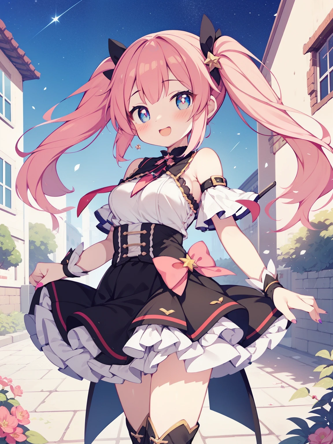 (1girl in:1.2), (Solo:1.2), masutepiece, nffsw、Shaders、Brilliant Textured Work、Ultra-detailed eyes、ultra-intricate pupil in eyes、top-quality、Pink hair、Landmine fashion、Half Twin Tail、Beautiful nails、decoration、Batch Remake、Pink tops、Black skirt、Kamimei、Pink blush、Mouth that laughed、Front view、very large breast、Valley、Shoulder out、Looking at Viewer、school courtyard、lawn、Standing picture、Emphasis on the chest、magical little girl、Magical Girl Skirt、Magical Girl Boots、starrysky、Vtuber、VOCALOID、Large ribbon、