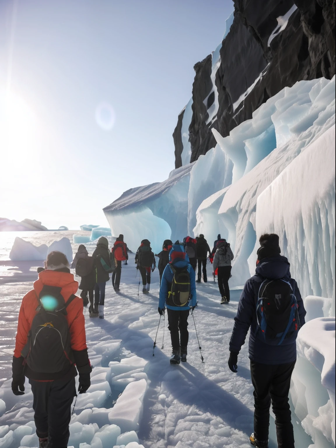 People walk on snowy paths near big icebergs, antarctica, South Pole, ice seracs, walking across ice planet, glaciers and ice and snow, Human exploration, ice and glaciers, Adventure, icy glaciers, f / 2 0, walking on ice, Exploring, subtle detailing, explore, walking towards camera, head-to-shoulder, tour