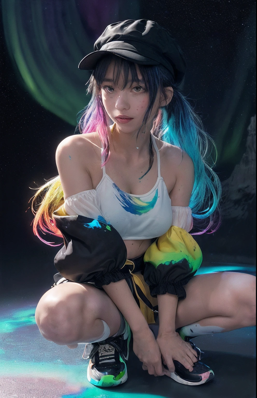 (((Best Quality)), ((ultra-detailliert)), ((masutepiece)), Illustration,(oasis),(lakes),(Detailed clear background),(Clear background),(Detailed light),Lighting,(crystal clear skies),Night,Stars,Starry sky,moon light,(Detailed Clearwater Drop:1.1),(ripple:1.1),(lake:1.1),((Colorful Northern Lights)),
1girl in, Solo, ((Full body)),(Detailed face), highest details, Medium Hair, hair messy, Watery eyes, Two-tone hair, Gradient Hair, Multicolor scrunchie black cropped jacket,Complex hats,Bare shoulders, Notch above the navel, Detached sleeves, Puffy Short Sleeves, Black shorts, Black belt, over-kneehighs, sneakers, lightsmile,llight rays, (High contrast),(((Colored paint background)))