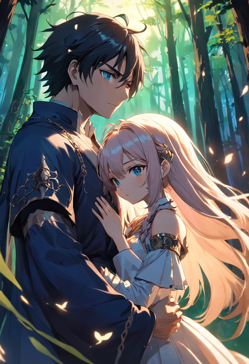 um homem e uma mulher. uma sacerdotisa e um feiticeiro com cabelos curtos. uma floresta misteriosa. renderizações hiperdetalhadas, estilo anime, 8k, olhos detalhados, olhos perfeitos, epic, dramatic, genial, corpo inteiro, design e detalhes intrincados, lighting dramatic, 8k, rosto detalhado