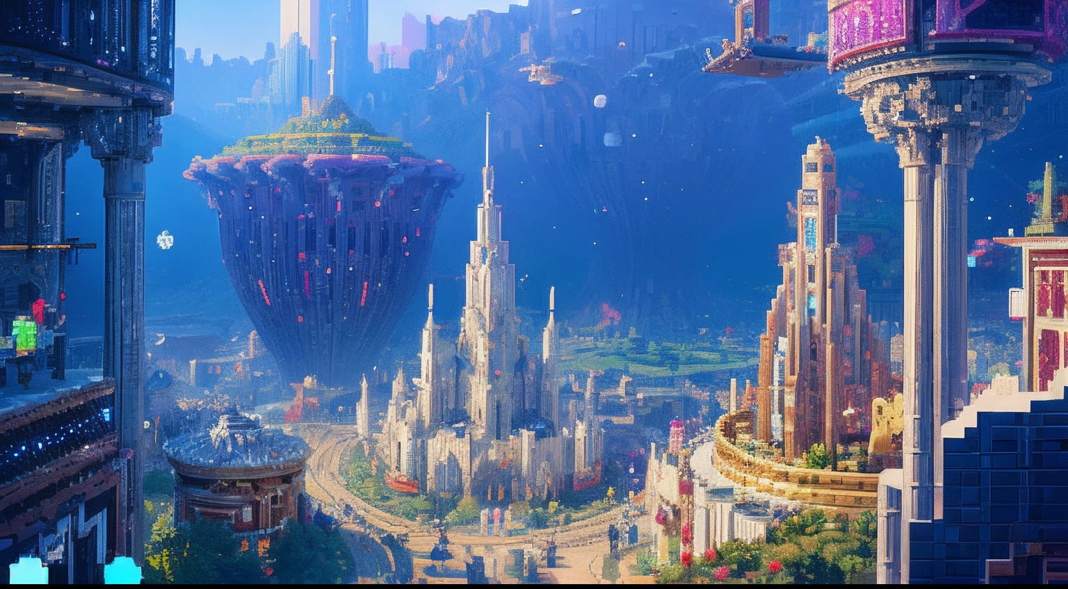 pixel game,scenography,fantastical scenes,Space City,levitating, Pixel art #pixelart