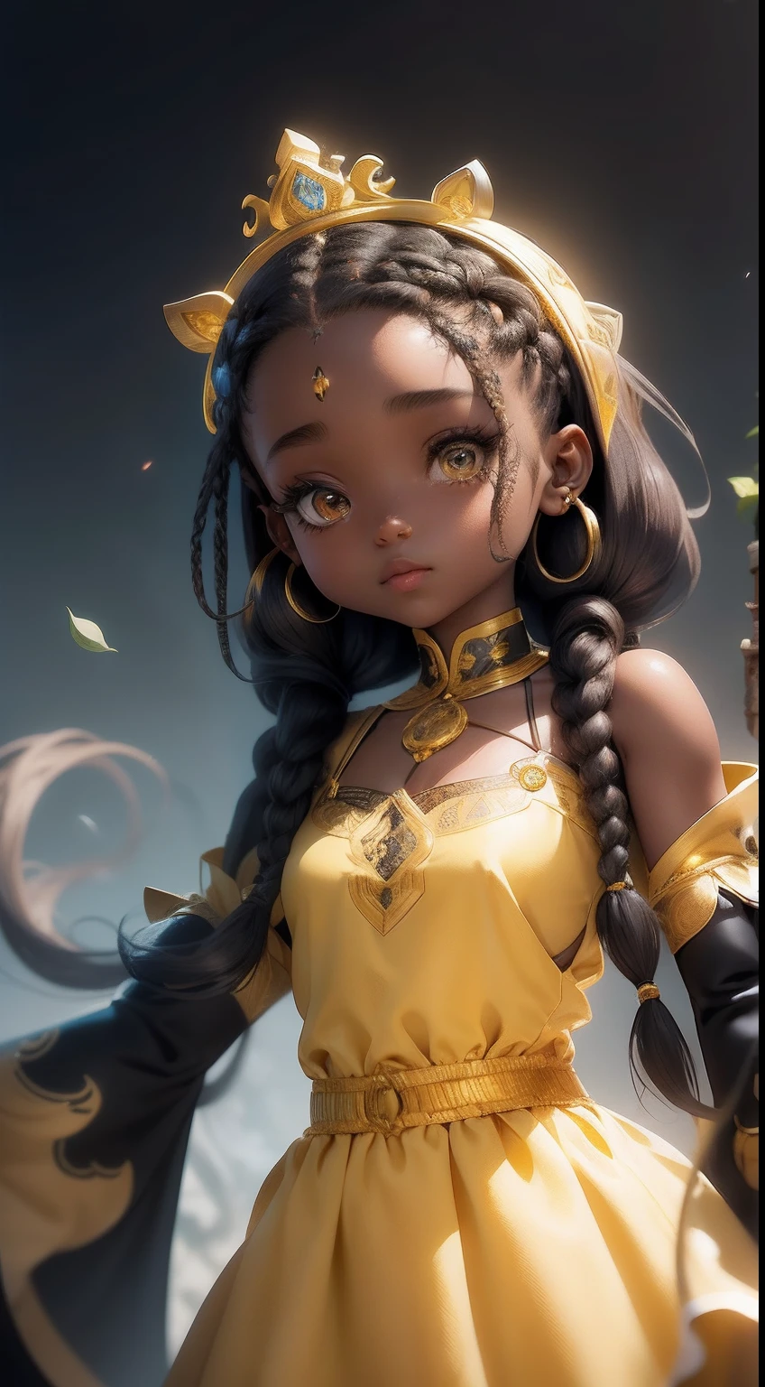 detailed cartoon, Black young princess sister with hair braids and almond-shaped eyes, Dark brown skin, The whole body is wearing a yellow princess dress, cartoon character, 8K, High quality, high resolution, 4K, HD,(Well-designed body), amazing body, (Super detailed), Beautiful eyes, Cartoon