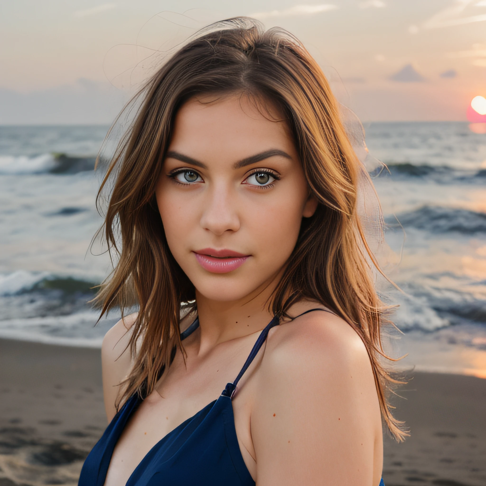 Cute beautiful blonde with purple top (steht am strand bei Sonnenuntergang), sehr detailliert, 21 Jahre alt, unschuldiges Gesicht, naturally wavy hair, blaue Augen, high-res, Meisterwerk, best qulaity, komplizierte Details, sehr detailliert, scharf Fokus, detaillierte Haut, realistische Hauttextur, Textur, detaillierte Augen, professionell, 4k, charming smile, aufgenommen mit Canon, 85 mm, light depth of field, Kodak Vision-Farbe, perfectly fitting body, extrem detailliert, Foto_\(ultra\), fotorealistisch, realistisch, Nachbearbeitung, maximale Details, Rauheit, echtes Leben, ultrarealistisch, Fotorealismus, Fotografie, 8k uhd, Fotografie