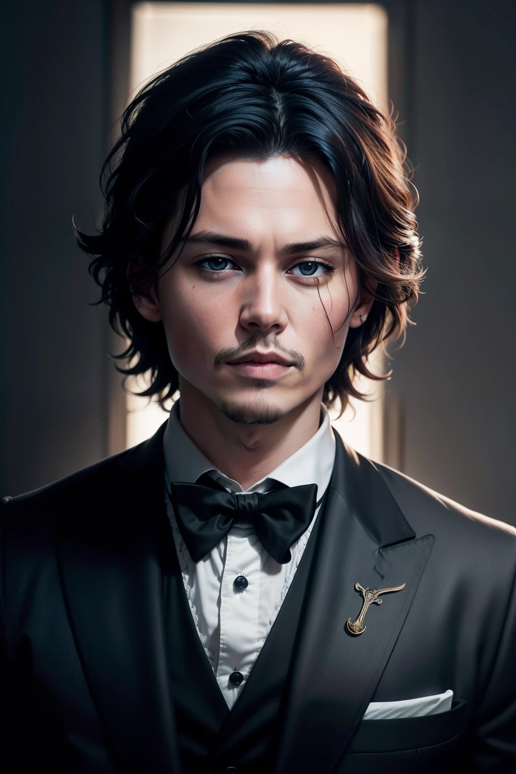Young Johnny Depp in a suit, Cool guy with cheerful look、Vittoria Ceretti, upperbody shot, Front-facing、Tim Burton Style, Dim, Shadowgraphy, unreal enginee 5, Cinematic, colour grading, a portrait photo of, ultra wide-angle, depth of fields, ultra-detailliert, beautifully color-coded, Insane details, Intricate details, Beautifully color graded, Solid background color、Unreal Engine, Cinematic , colour grading, Editorial Photography , Photography, Photo Shot, Shot on 70mm lens, depth of fields, degrees of freedom, Tilt Blur, Shutter Speed 1/1000,