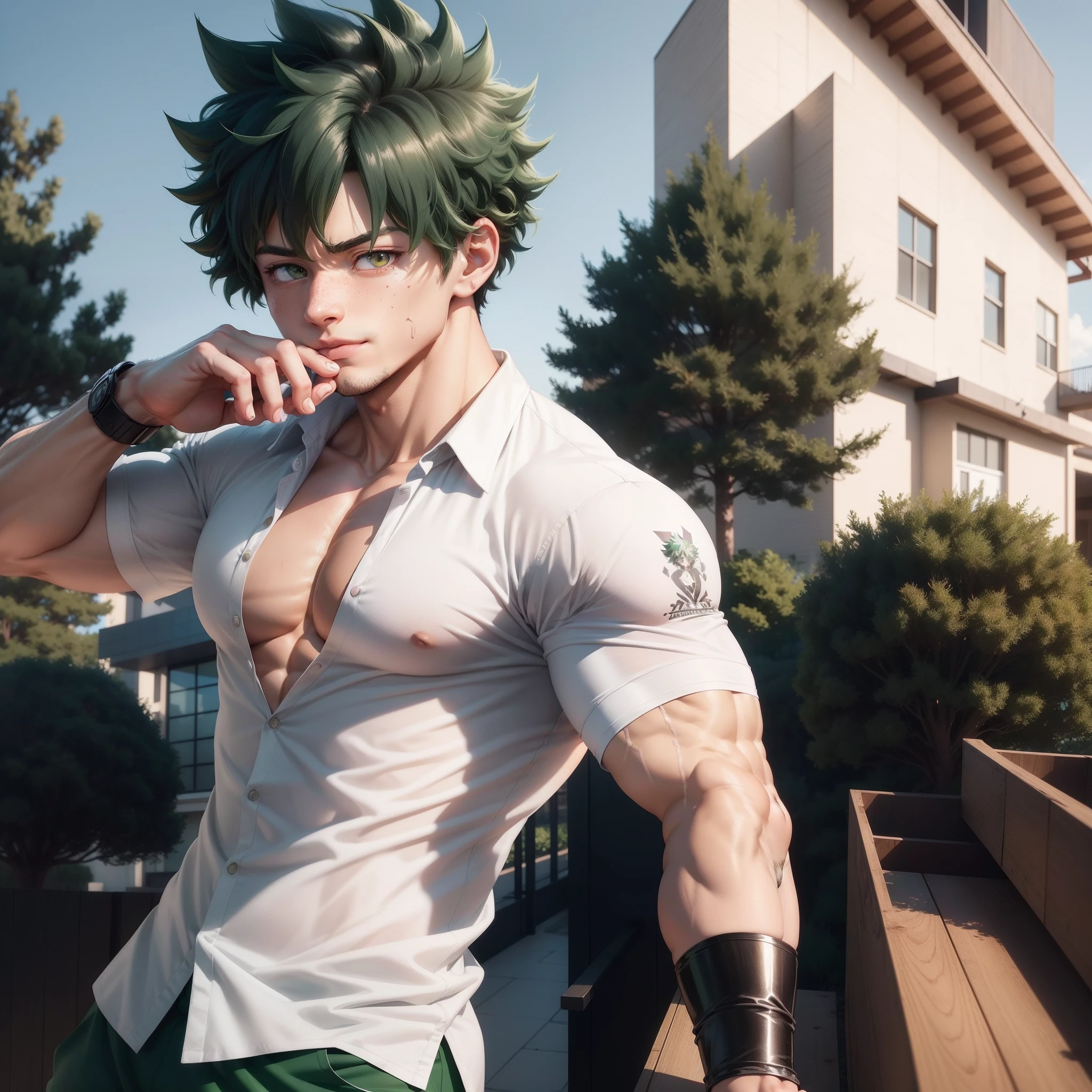 ((Midoriya Izuku)), detailed quality, green tight colored eyes, detailed green hair, boy in school uniforms, playground and draw on drawing boards,ssmile,photore,8K,A high resolution,Highest texture, anime pose, anime character, super buff and cool, tall anime guy with green tight eyes, anime character; full body art, anime style, anime handsome , fluffy chest, muscular!!, as an anime character, most strongest pose, badass anime 8 k, anime character, anime boyFullbody photorealistic, best quality, Handsome, Sexy Muscular, real life, best shadow, high_resolution,8K masterpiece, photograph, muscular, extremely handsome, (few freckles on face), (open_shirt), abs, pectorals, open clothes, (( printed in White shirt)), blush, perfect generated eyes, walking, , sweating, (large_bulge), eating_apple , cooking --v6