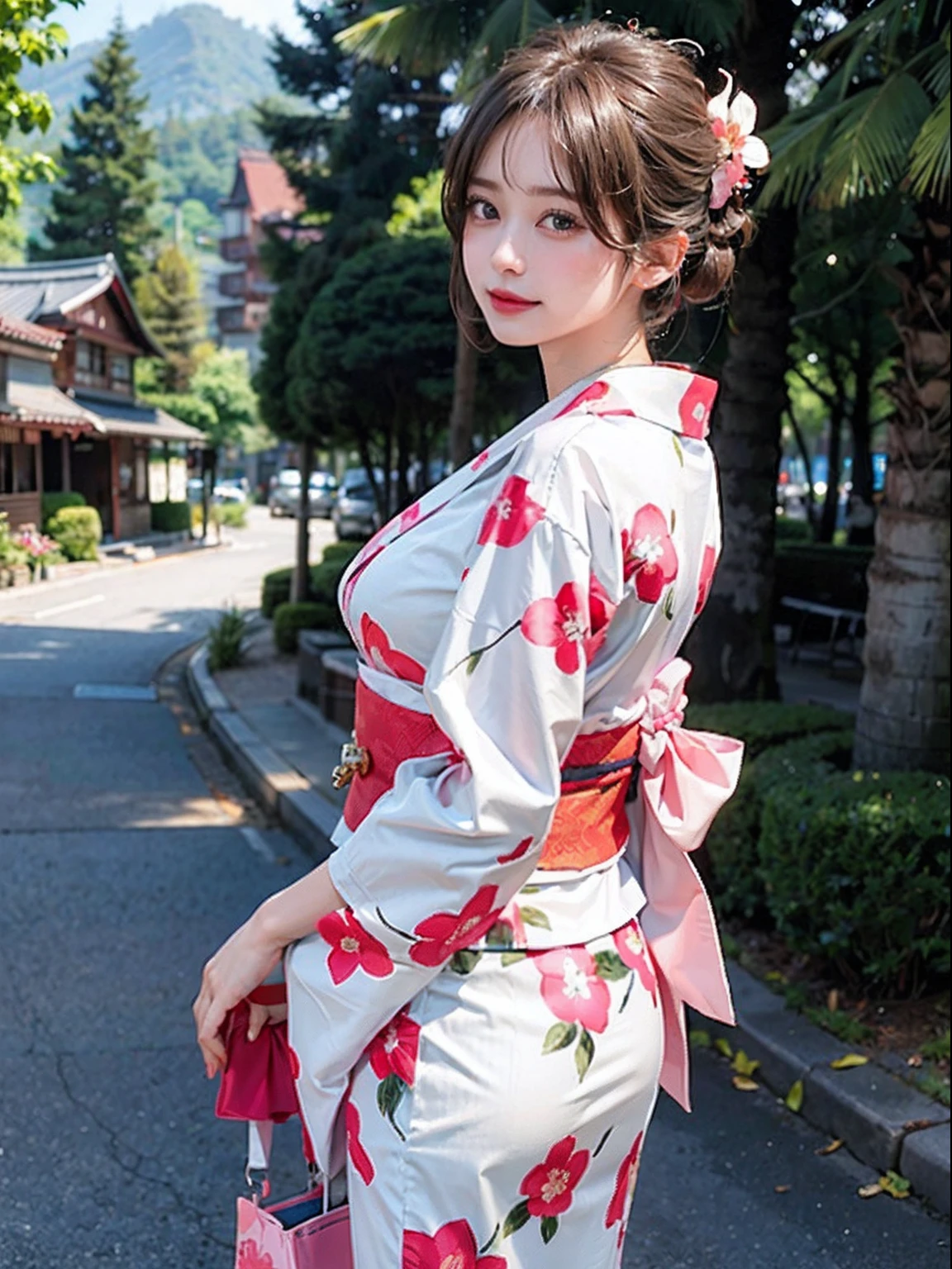 8K, top-quality, hight resolution, 逼真, realperson, One Beautiful Girl, a smile, traditional Japanese kimono、Luxury kimono、no wrinkles at all, full bodyesbian、huge tit、cleavage of the breast、beautiful legs、beauty legs、Her kimono is so exposed that her butt is visible.、She looks embarrassed as she sticks out her big butt towards the camera.、My cheeks are red and I feel embarrassed、(I drink alcohol and close my eyes and fall asleep drunk.)
