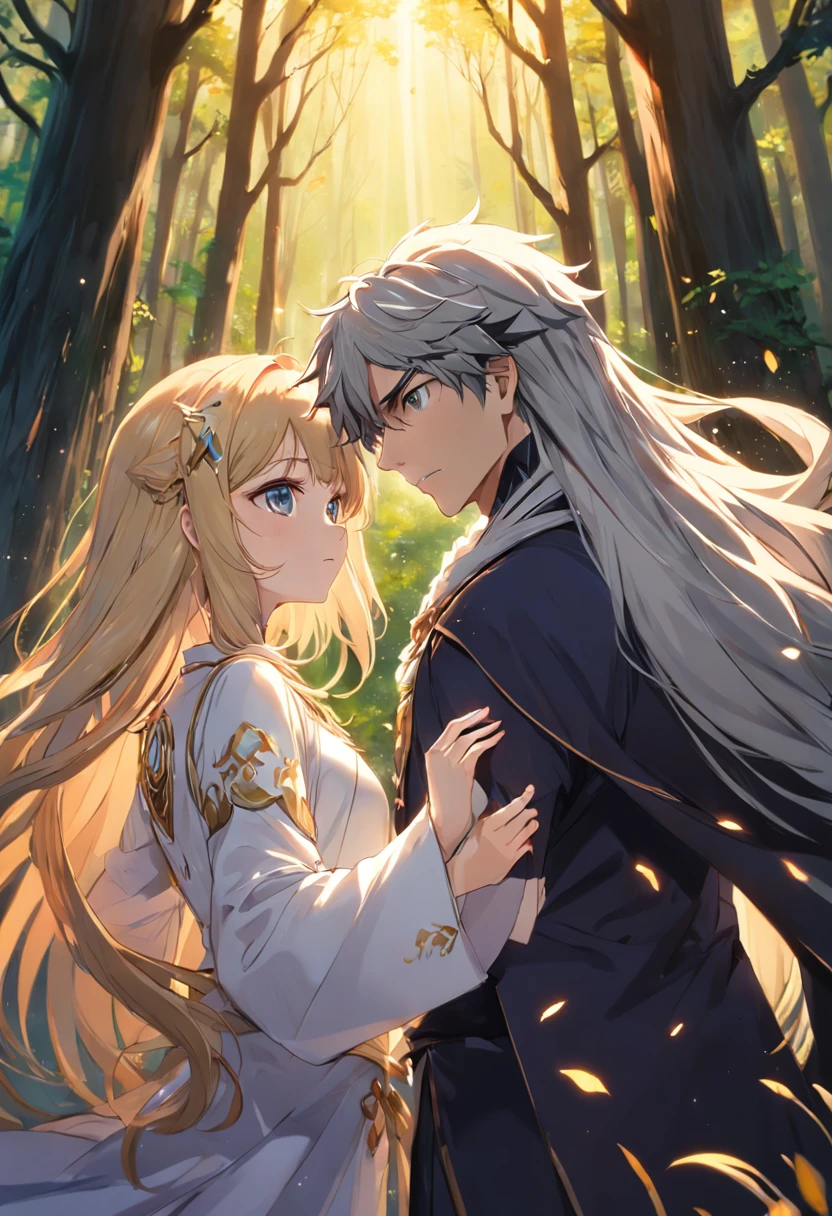um homem e uma mulher. uma sacerdotisa e um feiticeiro com cabelos curtos. uma floresta misteriosa. renderizações hiperdetalhadas, estilo anime, 8k, olhos detalhados, olhos perfeitos, epic, dramatic, genial, corpo inteiro, design e detalhes intrincados, lighting dramatic, 8k, rosto detalhado