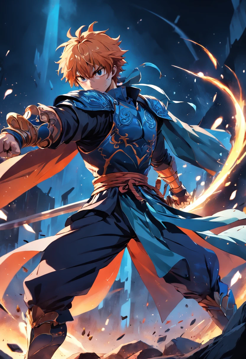 a man, strong, fighting, with a sword, dynamic pose, in armor