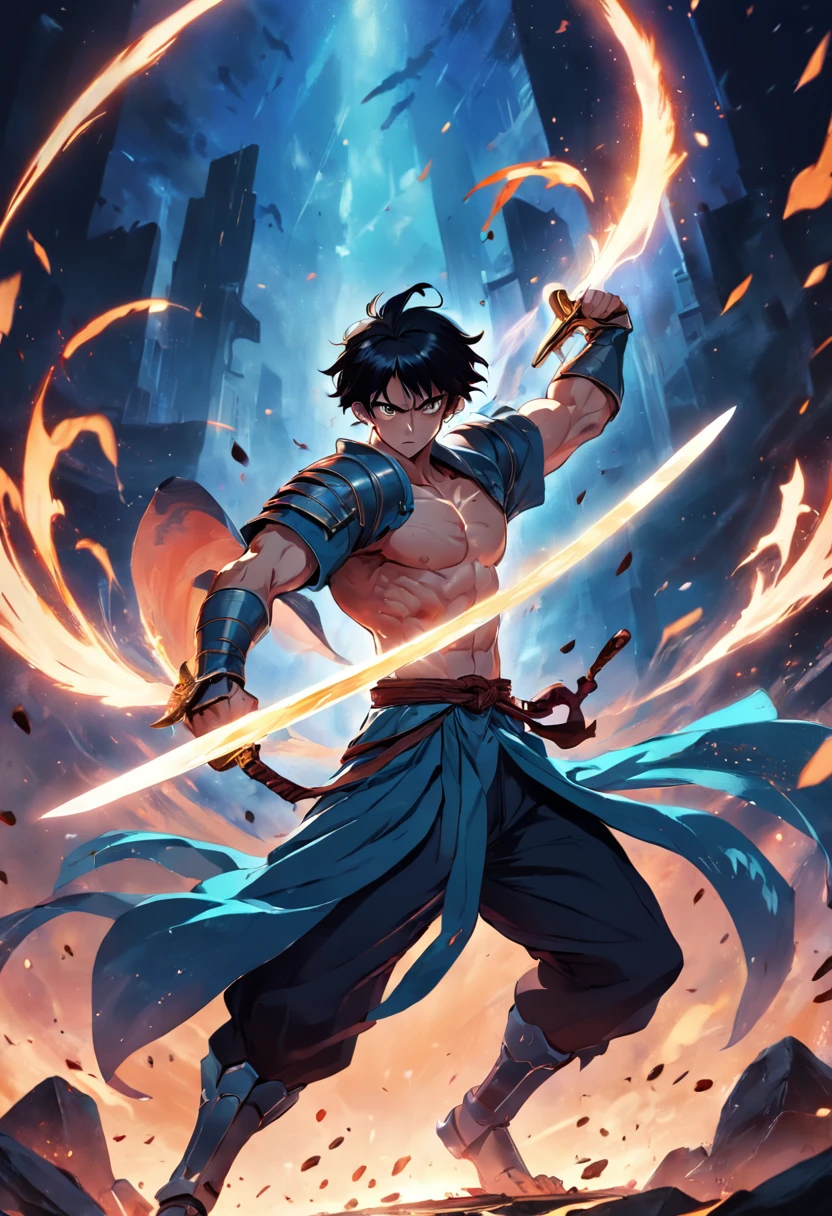 A night with a full moon，a swordsman，is running at full speed