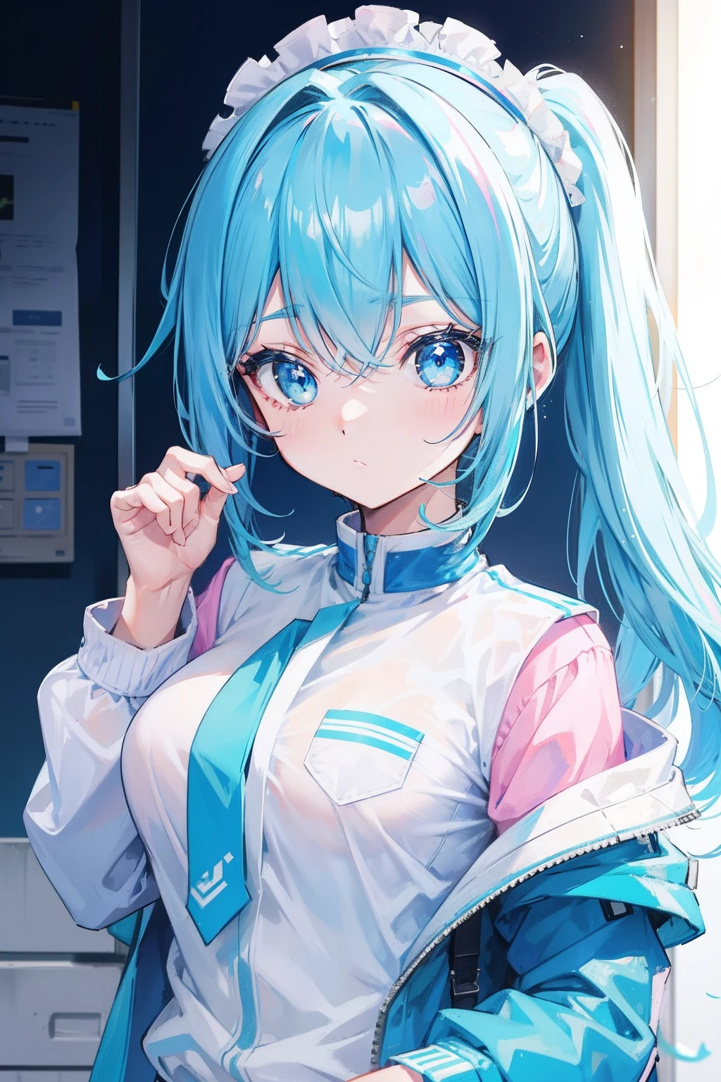 Cyan single ponytail，Blue pupil，Wear a white uniform and a pink jacket，Milky loli，super beautifulgirl