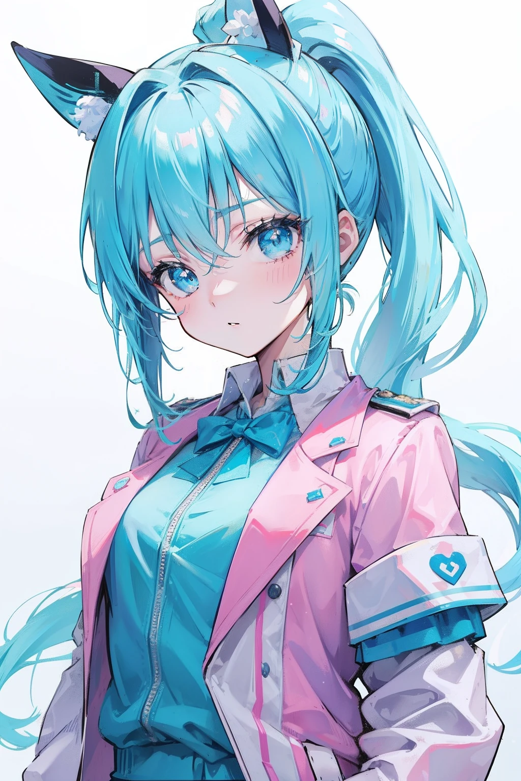 Cyan single ponytail，Blue pupil，Wear a white uniform and a pink jacket，Milky loli，super beautifulgirl