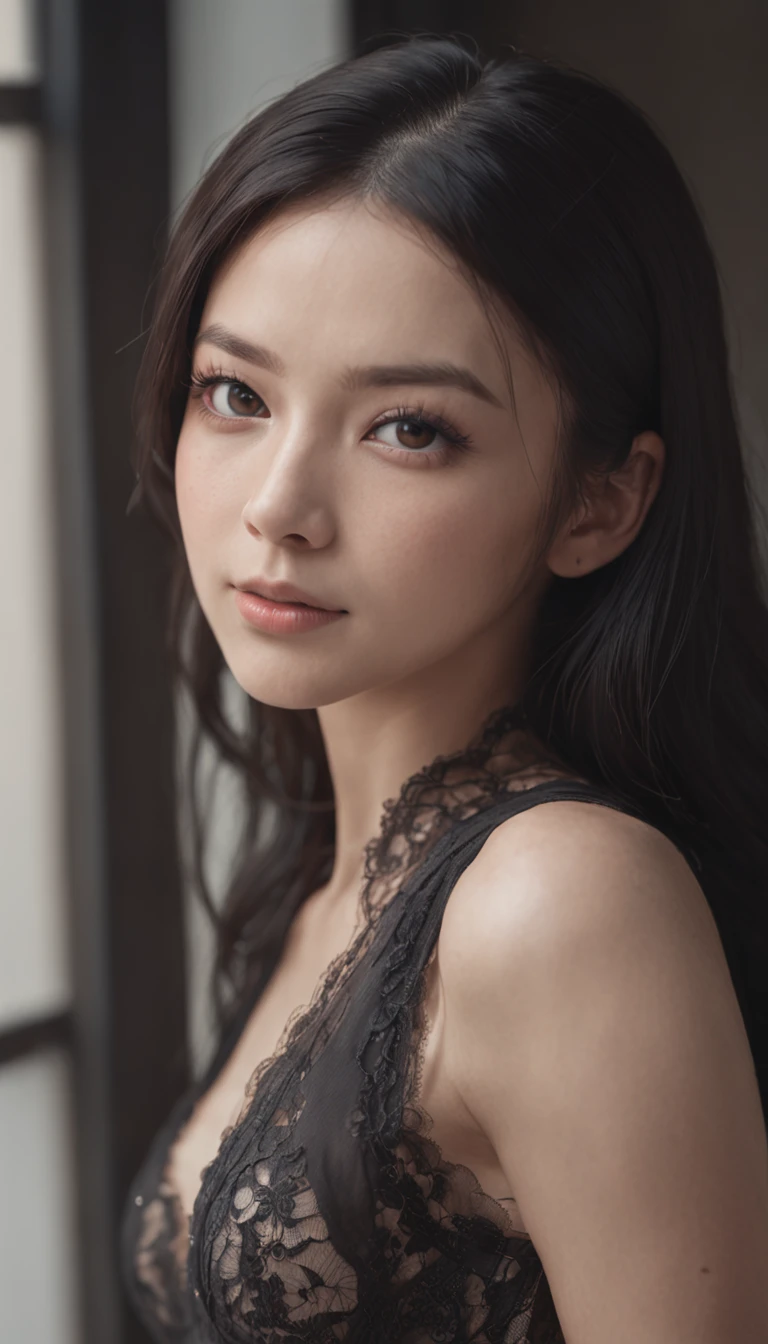 Full body portrait of a beautiful girl with black hair in extra long underwear、highly detailed back ground,Realistic,ultra - detailed,Super detailed skin,light glow,filmgrain,Expro II,Lens flare,Sharpen,cinematic shadow