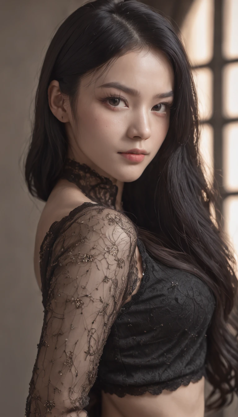 Full body portrait of a  beautiful girl with black hair in extra long underwear、highly detailed back ground，Realistic，ultra - detailed，Super detailed skin，light glow，filmgrain，Expro II，Lens flare，Sharpen，cinematic shadow