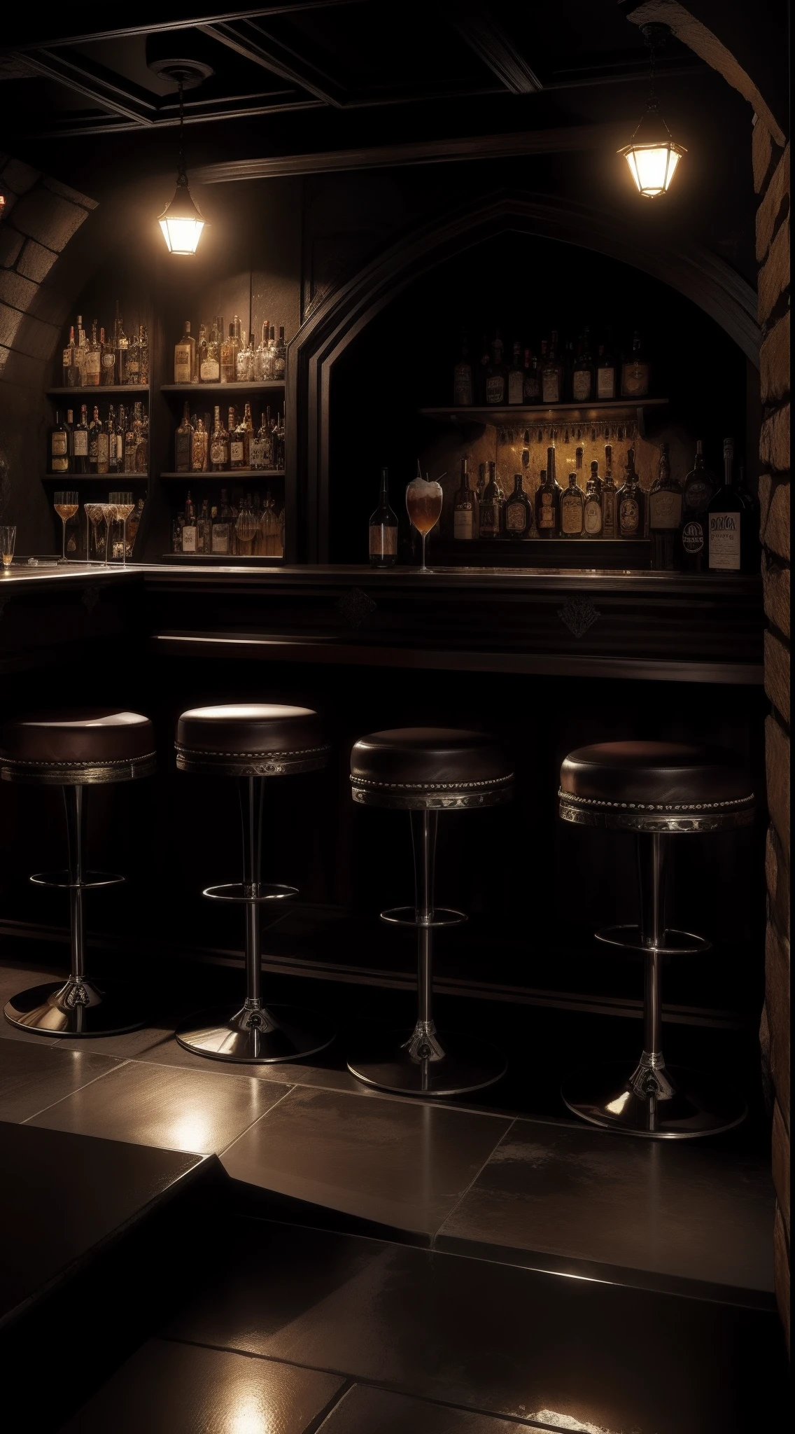 Um bar de rock in roll,foto uhd,raw, hiper realista. Gothic setting, dark caveiras e bebidas.