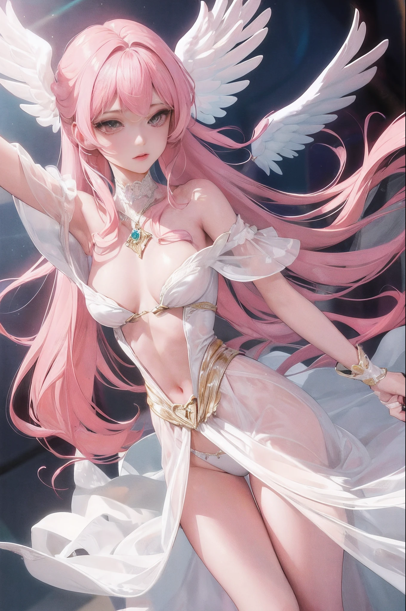 A breathtakingly beautiful 3D surreal woman，angelicales，Light pink hair, White silk long legs，Raised chest，Slim waist,