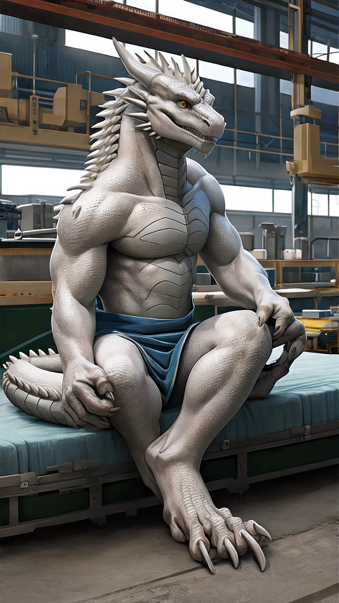 Bionic dragon,White Dragon,White Hanfu,soles of feet,anthor,Children,Sitting on a bed in the factory,HD graphics,Detailed and realistic,high detal,high qulity,photo-realistic,photorealistic eye,Detailed paws,Clear eyes,Masterpiece artwork,Five-fingered hands,top-quality,32k,hyper HD