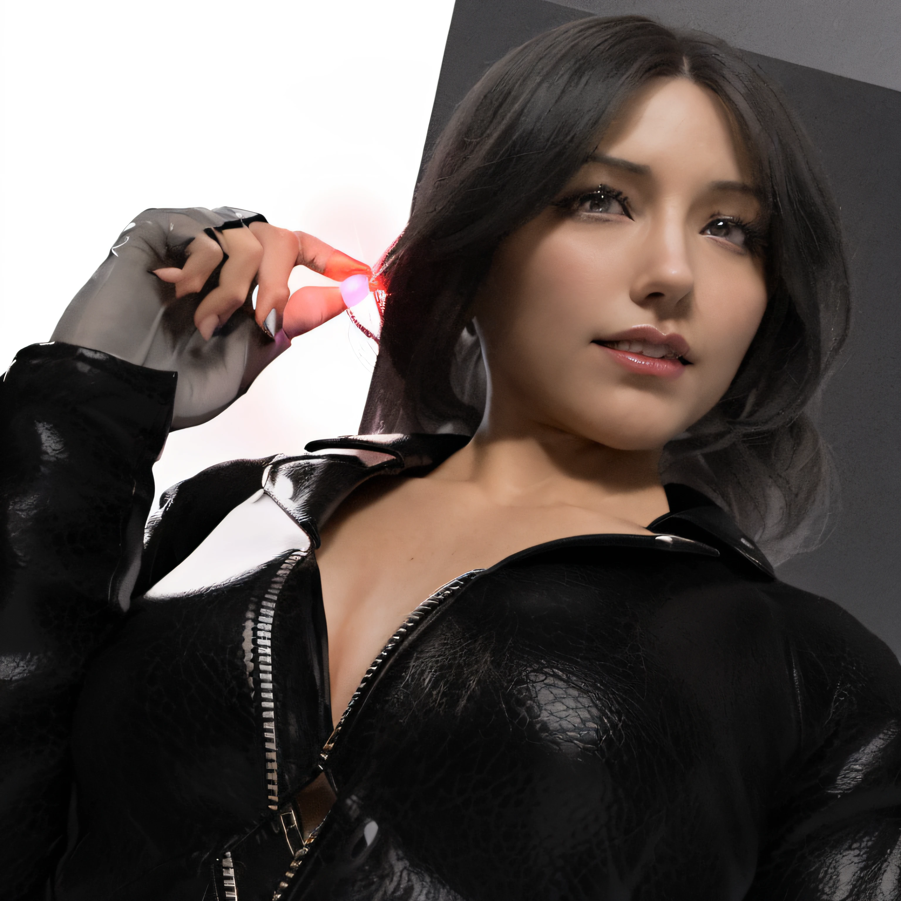 There is a woman in a black leather jacket holding a red light, inspired by Ayami Kojima, Yayoi Kasuma, Suko Kusanagi, Tifa Lockhart with gray hair, inspired by Oka Yasutomo, render of mirabel madrigal, Portrait of Tifa Lockhart, hints of yayoi kasuma, itsuko azuma