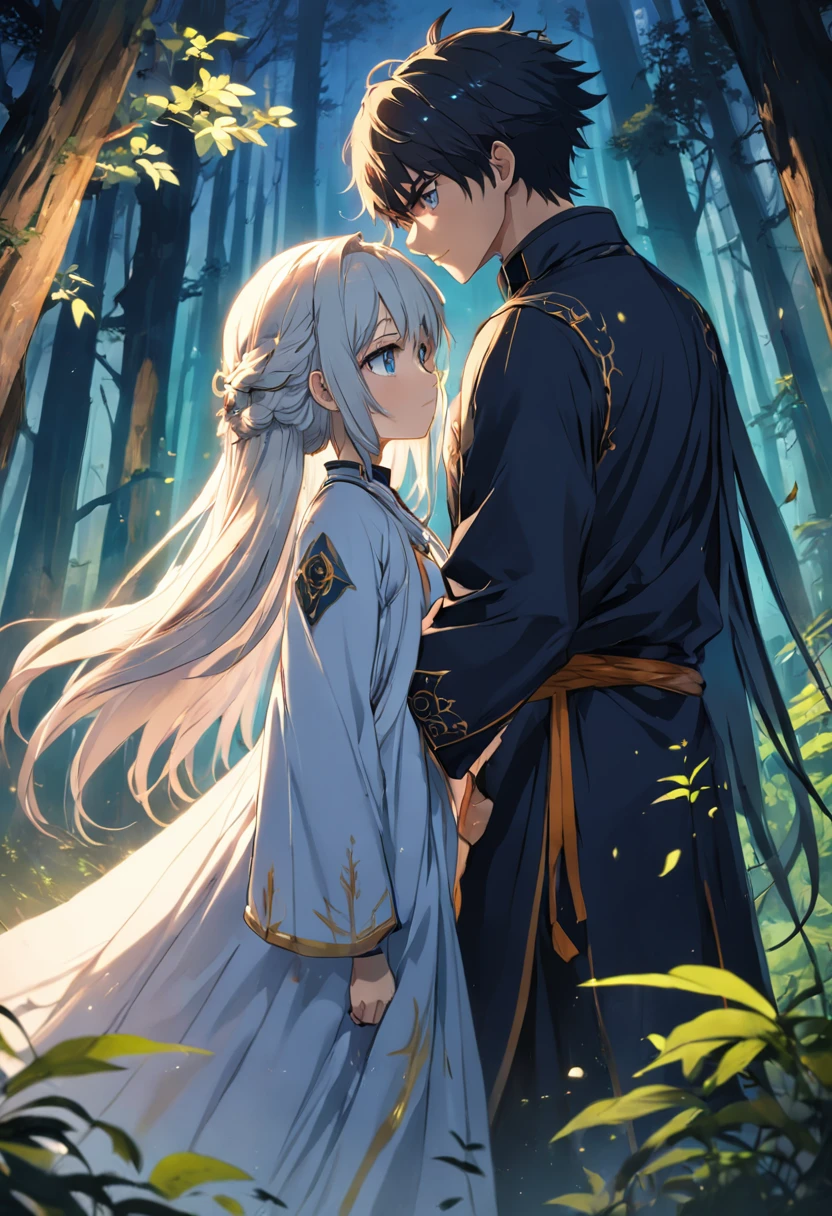 um homem e uma mulher. uma sacerdotisa e um feiticeiro com cabelos curtos. uma floresta misteriosa. renderizações hiperdetalhadas, estilo anime, 8k, olhos detalhados, olhos perfeitos, epic, dramatic, genial, corpo inteiro, design e detalhes intrincados, lighting dramatic, 8k, rosto detalhado