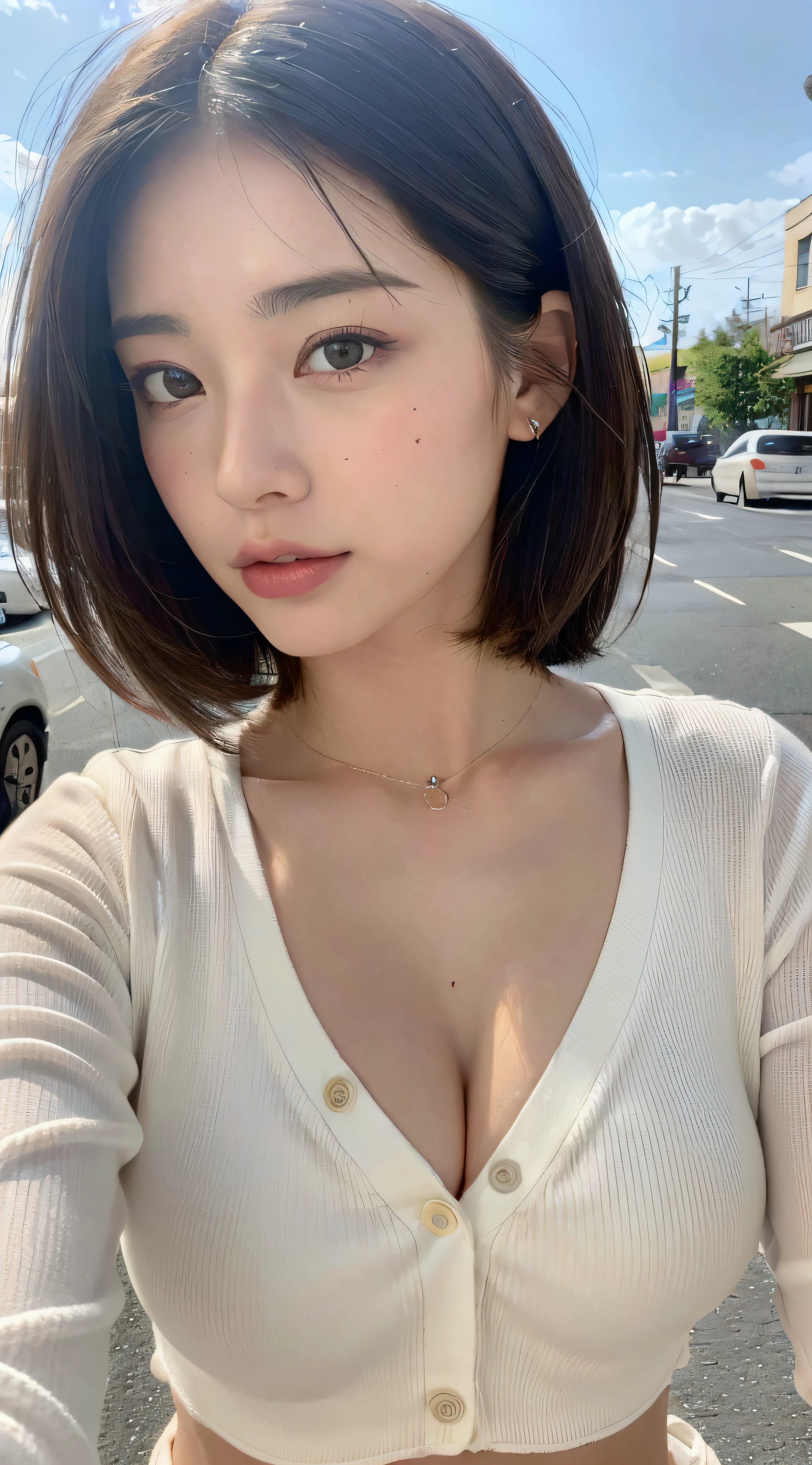 ((Best quality, 8k, Masterpiece: 1.3)), Sharp focus: 1.2, A beautiful woman with perfect body: 1.4, Slim abdomen: 1.2, ((Layered haircut, Large breasts: 1.2)), (no bra) (Small and beautiful hard nipple) (Thin and damp button up to shirt length: 1.1), (White shirt wet by rain), (Rain, Street: 1.2), Wet body: 1.1, Highly detailed face and skin texture,  Detailed eyes, Double eyelid, tanned skin, sexy, tan, dark skin, tanned body, exposed shoulders, cleavage