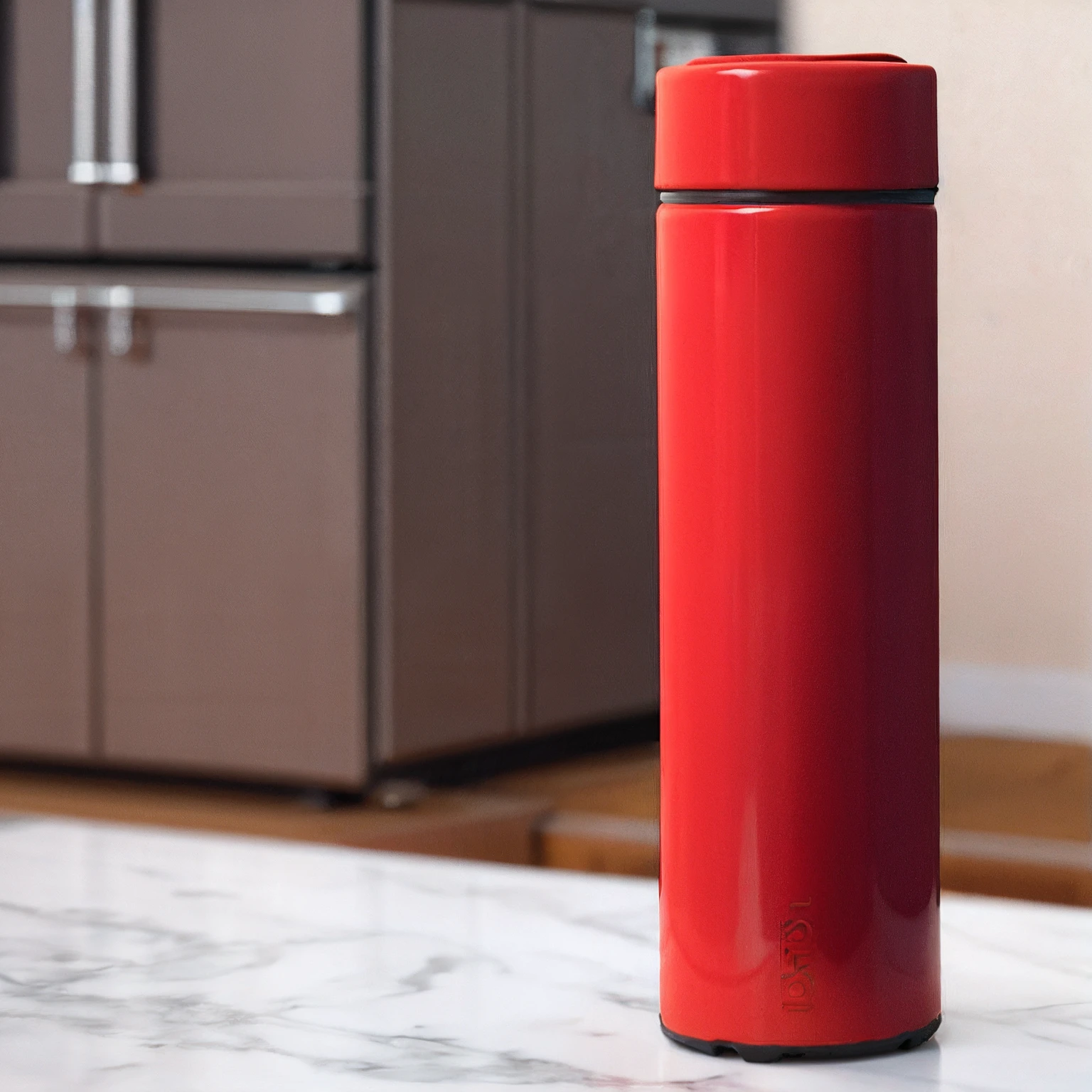 A closeup of a red thermos on top of the kitchen counter