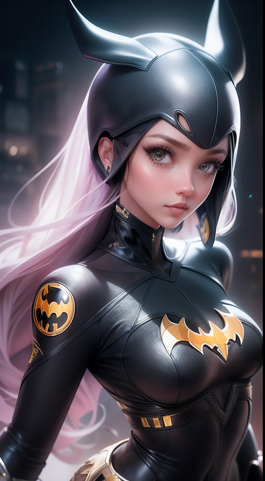 An original portrait of a ager in charming simulation style++ model (Jessica Alba or Amber Heard) as Batgirl, Wear an elegant and stylish outfit made of fragile nylon by Calvin Klein.