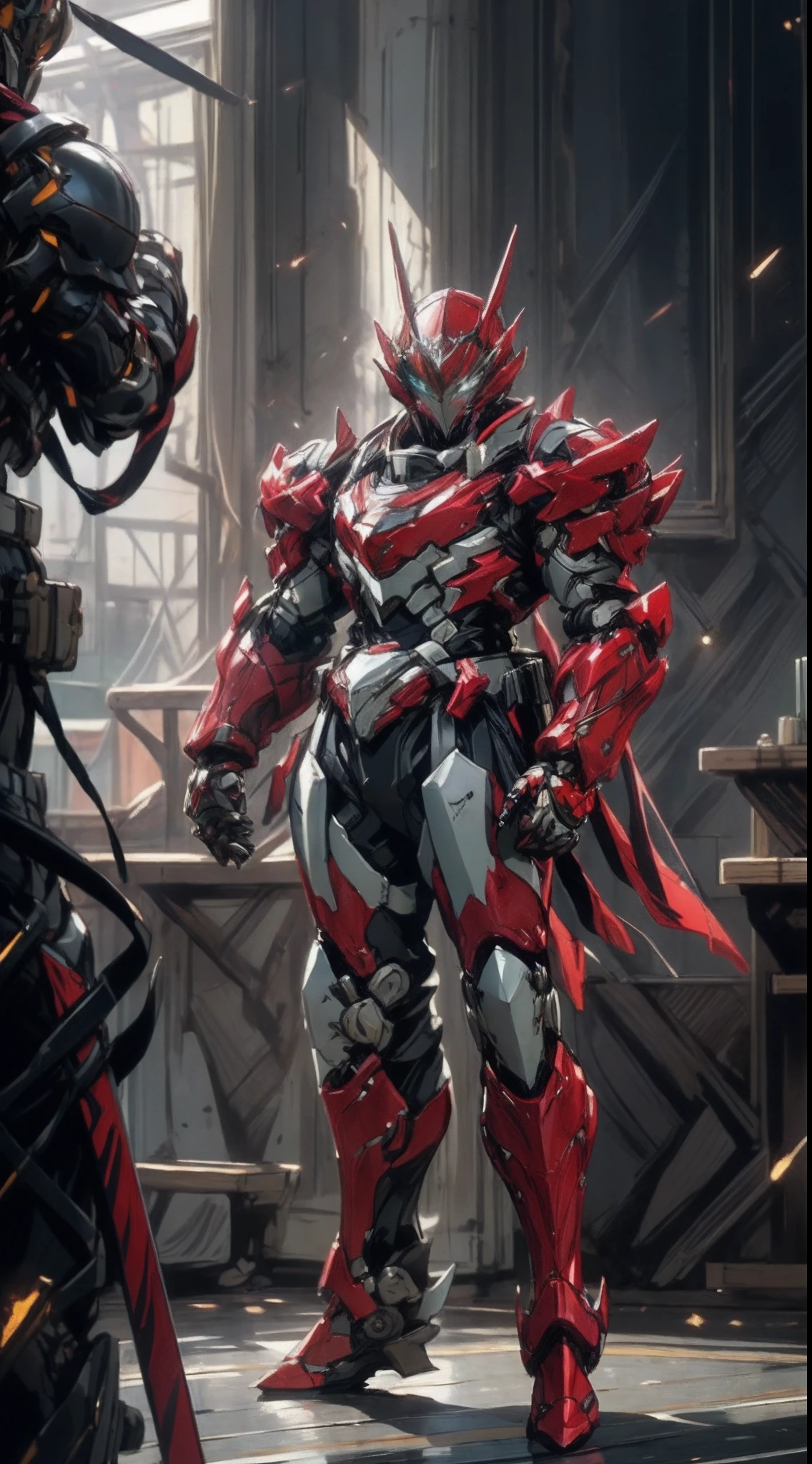 A man wearing a full-face helmet that covers most of his face, adorned in a biomimetic fantasy-style armor, the predominant black color is accented with red textures in the design this character embodies a finely crafted fantasy-style armored warrior design in anime, ((character concept art)), full body character drawing, high definition, best quality, ultra-detailed, extremely delicate, anatomically correct, symmetrical face, extremely detailed eyes and face, high quality eyes, creativity, RAW photo, UHD, 16k, (Natural light, cinematic lighting, masterpiece:1.5)