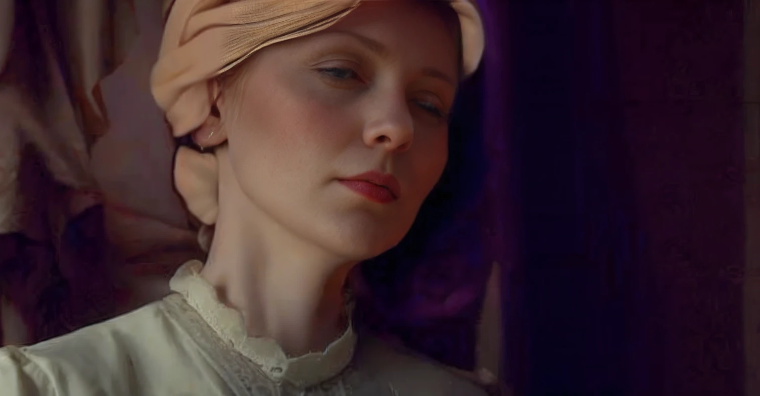 There's a middle-aged blonde woman, inspirado por Constance Gordon-, inspirado em Georges de La Tour, Retrato Tilda Swinton, cinematic close-up of bust, her gaze is downcast, head bowed slightly, Escultura de Cate Blanchett, inspirado em Thyrza Anne Leyshon, inspirado em Olive Mudie-Cooke, foto realista