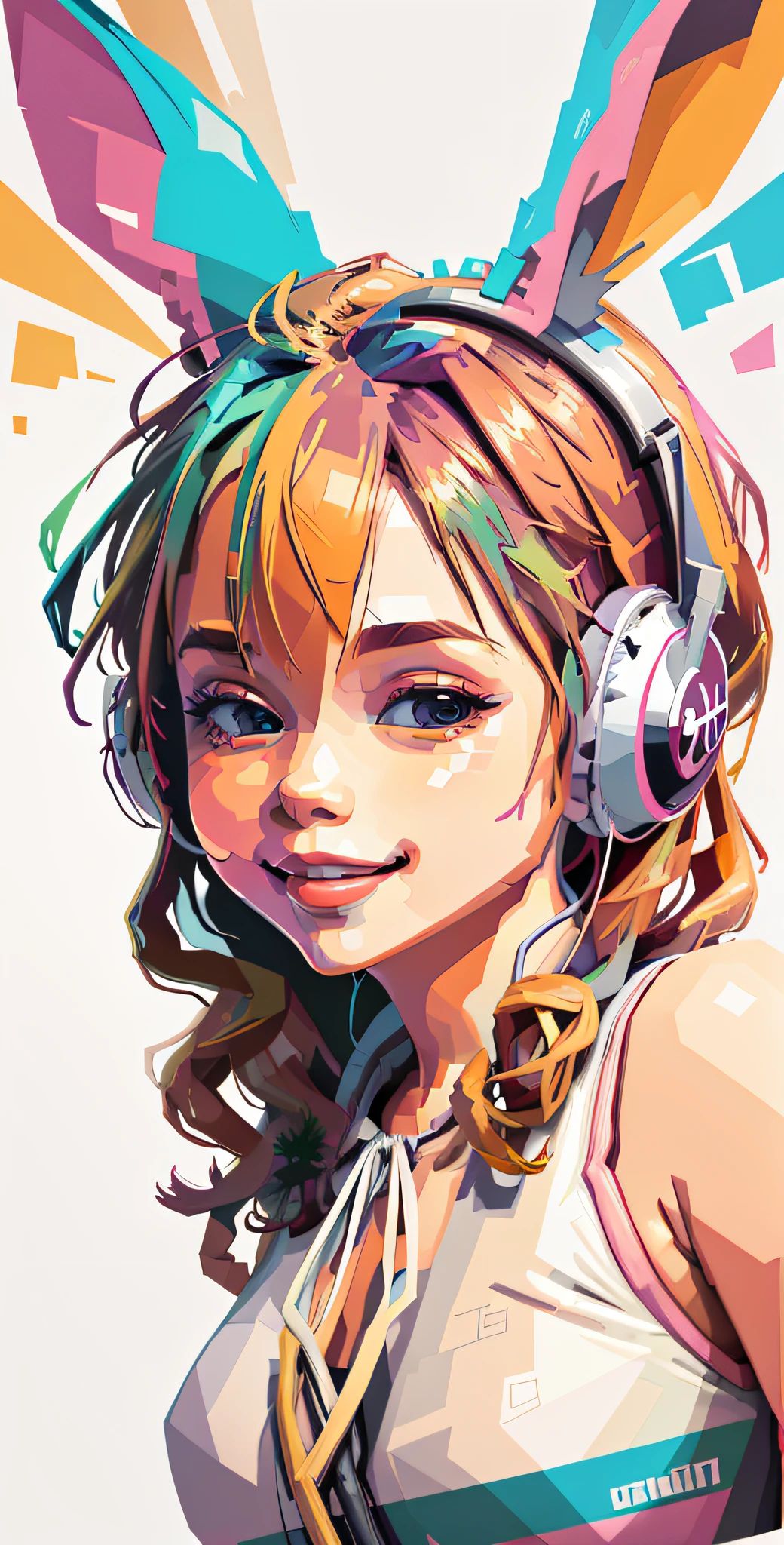 COLORFUL: vector of a cute happy Rabbit, wearing HEADPHONE, detail design, colorful, contour, white background