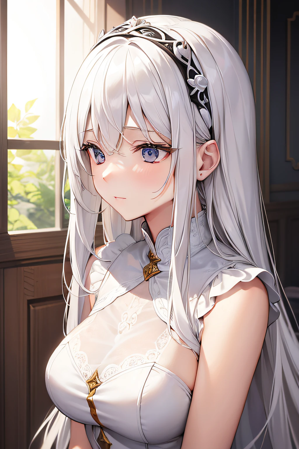 (Masterpiece), (Best Quality),Woman in Prayer,Delicate beautiful face,Light white hair, bangss,blind