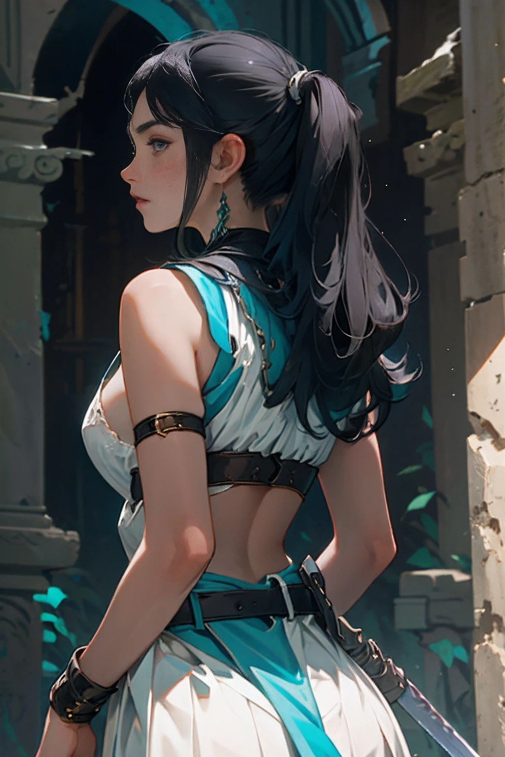 (extremely detailed, realistic, perfect lighting, vibrant colors,intricate details,absurdres),(high detailed skin:1.3), full body image, ((1girl)), naked bandage, pyramid, front view, black hair in 1 three strand braid, dark blue eyes, shy smile, lay over table, from back, mummy costume
