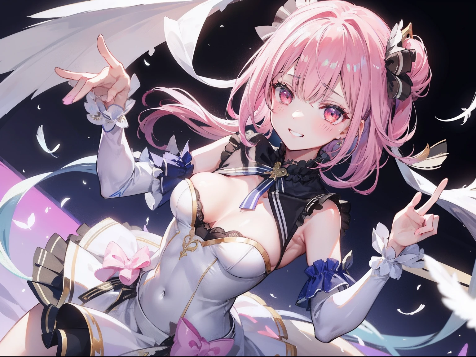 {Moist feather(hololive)}, 1girl, {Light pink shortcuts}、​masterpiece、top-quality、grinning evily、{Diabolical}、A black、{full bodyesbian}、ambition、