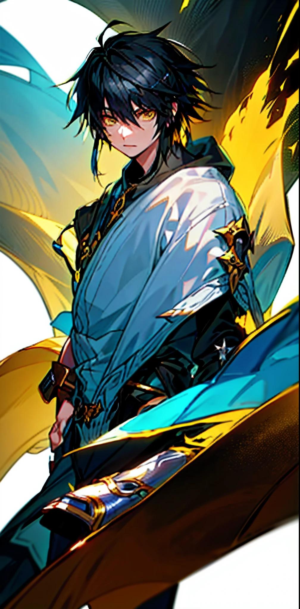 solo, anime boy with black hair and yellow eyes, wearing fantasy rogue gear, fantasy inspired, extremely detailed, white background