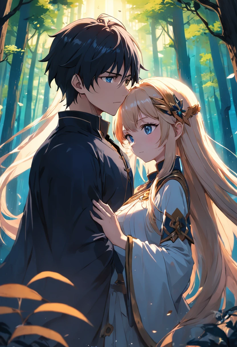 um homem e uma mulher. uma sacerdotisa e um feiticeiro. uma floresta misteriosa. renderizações hiperdetalhadas, estilo anime, 8k, olhos detalhados, olhos perfeitos, epic, dramatic, genial, corpo inteiro, design e detalhes intrincados, lighting dramatic, 8k, rosto detalhado