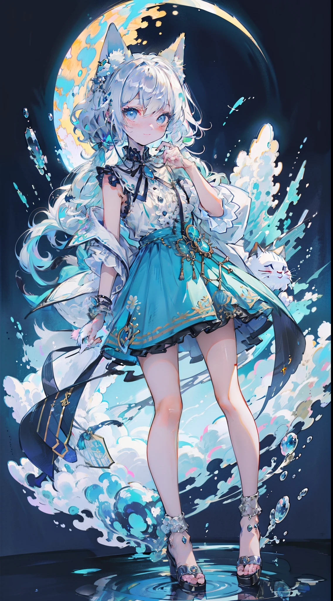 ((masutepiece, Best Quality:1.1))、8K、(Full body standing pose)、Beautiful girl with green hair，Curly，disheveled hair，Cat's ears, white dres，A deep blue gemstone is set on the chest.......，bare-legged，Wear a blue ankle ring on your ankle，(Holds the azure jewelry wand perfectly)，Behind him are stars in the night sky with shooting stars flowing，The moon is in the sky、With a smile