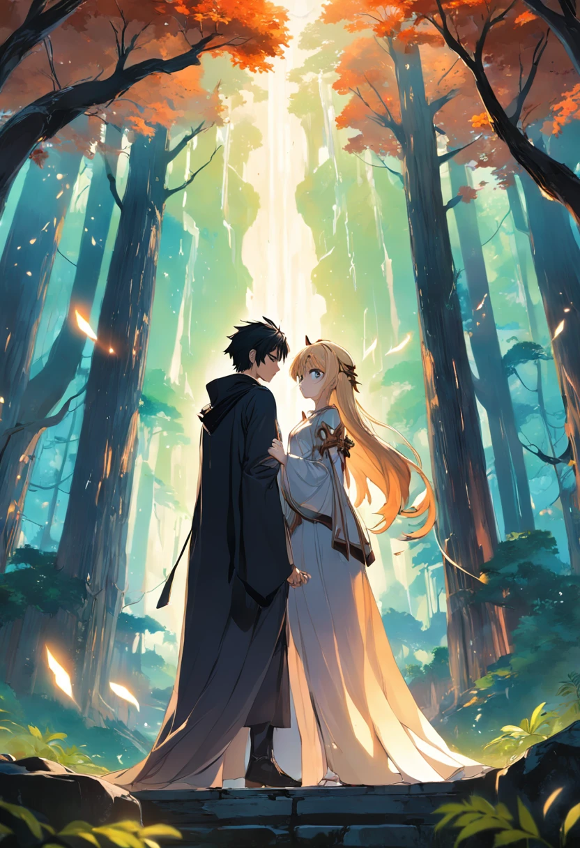 um homem e uma mulher. uma sacerdotisa e um feiticeiro. uma floresta misteriosa. renderizações hiperdetalhadas, estilo anime, 8k, olhos detalhados, olhos perfeitos, epic, dramatic, genial, corpo inteiro, design e detalhes intrincados, lighting dramatic, 8k, rosto detalhado