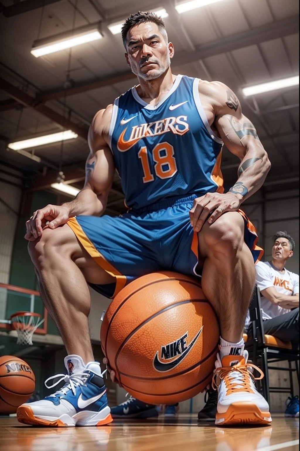 50-year-old middle-aged man,grampa,Man,Height 195,Asian people,sit on chair,God perspective,The eyes are about to face each other,Chinese men,musculature,Lift one foot,Wearing an orange and sky blue Nike basketball vest,Blue basketball pants,The number 18 is written on the basketball suit,Orange and blue Nike high-leg basketball shoes,Cord,Chains,Ferocious and ferocious,The background is the factory,There is no basketball,Hold your hands on your knees