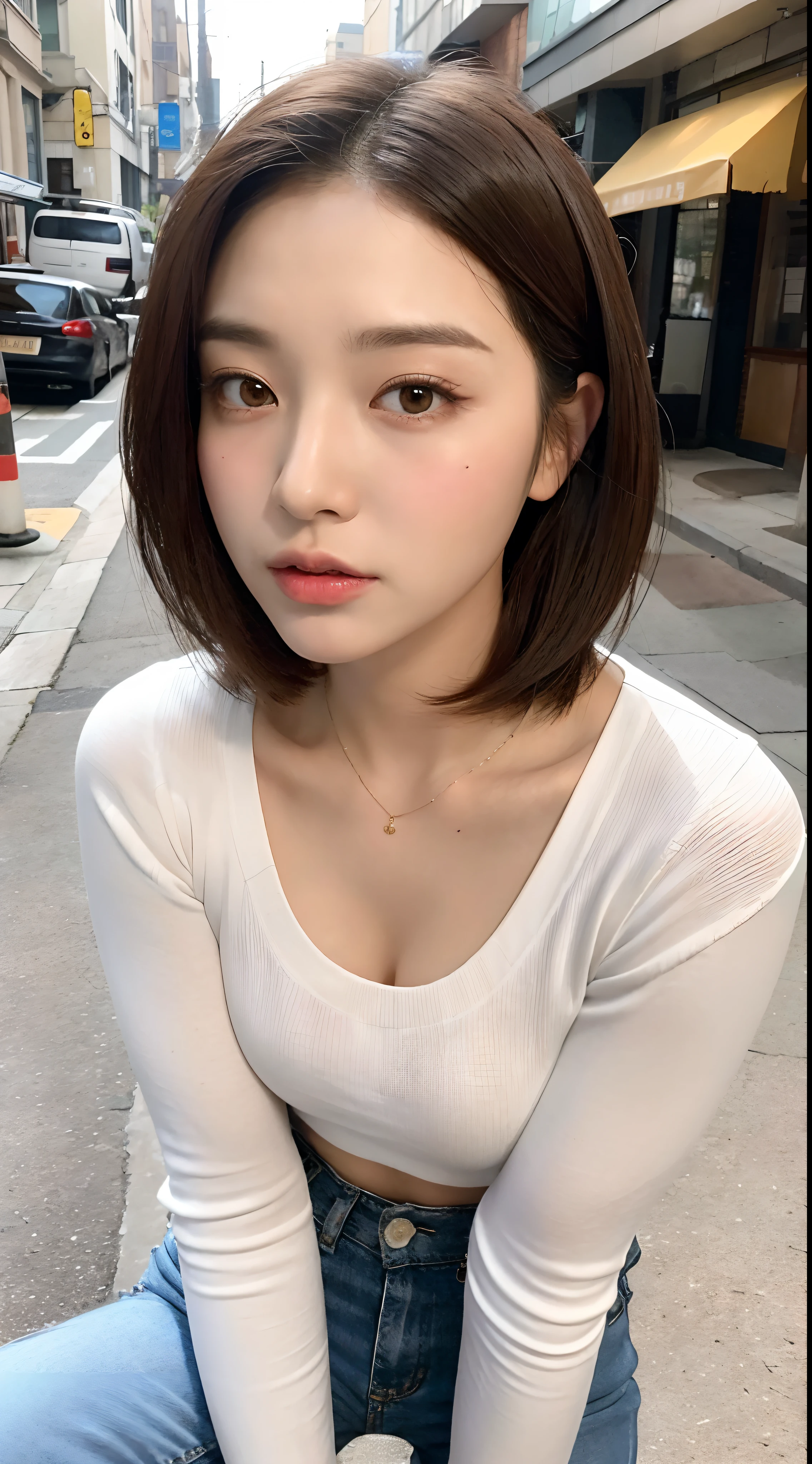a beautiful young woman ,cafe, slim figure with accentuated abs, wearing a off-the-shoulder top and white jeans, short hair, super detailed and realistic face with elaborate eyes and double eyelids, photorealistic, high resolution, best quality, 4k, 8k, masterpiece, ultra-detailed, realistic, vivid colors, studio lighting, physically-based rendering, professional,白い肌、