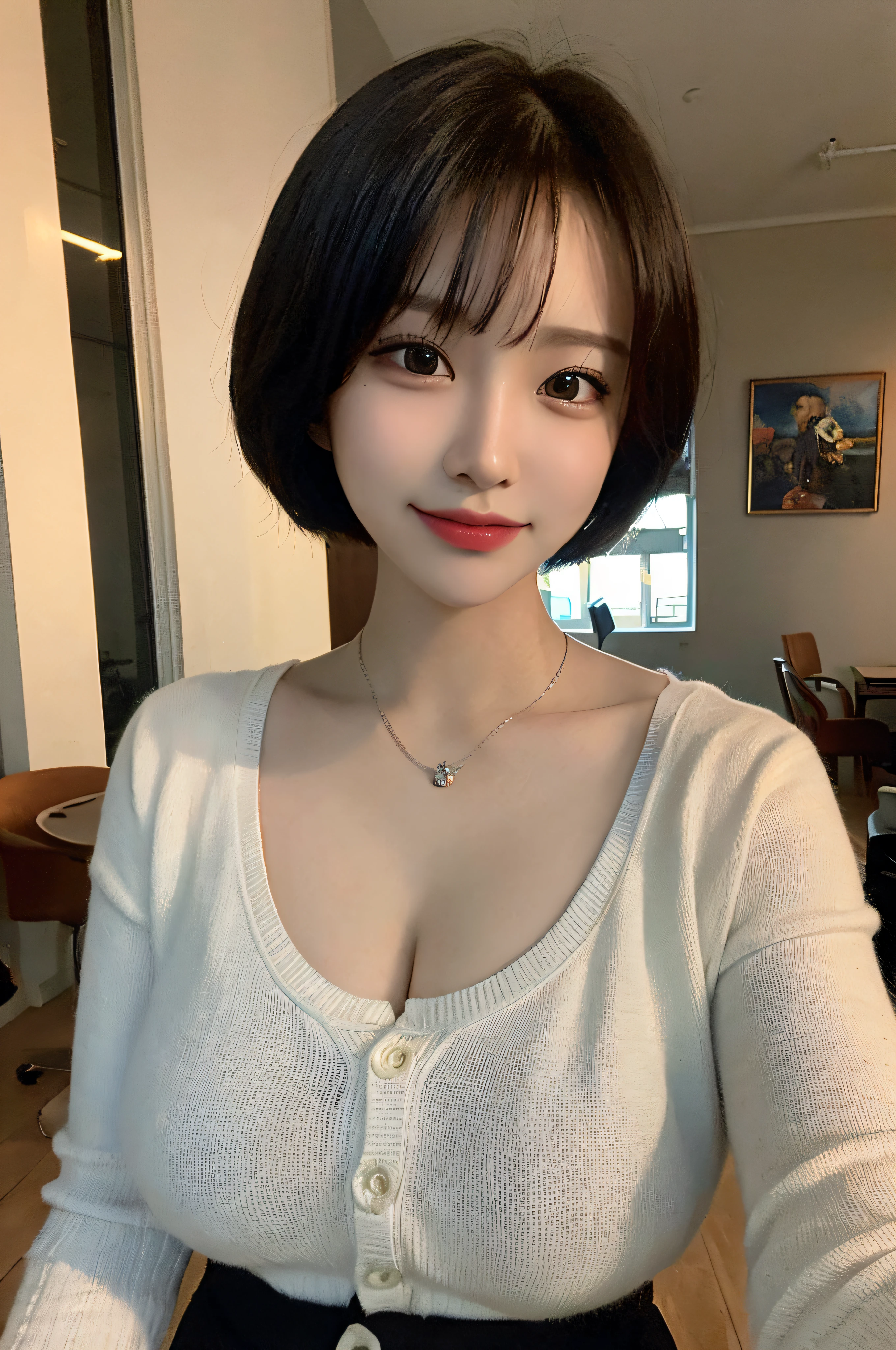 ((Top Quality, 8K, Masterpiece:1.3)), Detailed Woman:1.3, (Medium Shorthair, Big Breasts:1.2), Cardigan:1.1, Ultra Detailed, Detailed, Eyelids