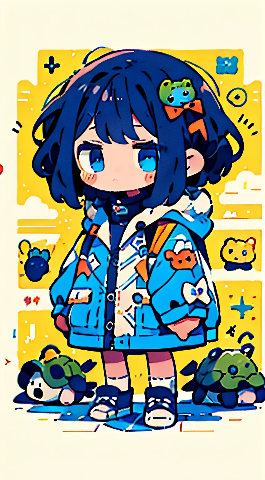 jitome,One girl、brunette color hair、Cute Baby Turtle、Parka、poneyTail、eBlue eyes、tmasterpiece、top-quality、Top image quality