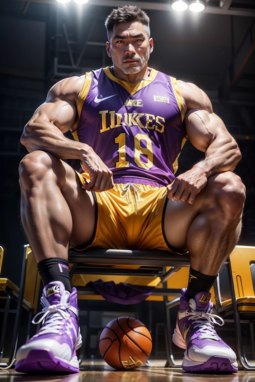 50-year-old middle-aged man，grampa，Man，Height 195，Asian people，sit on chair，God perspective，The eyes are about to face each other，Chinese men，musculature，Lift one foot，Wearing a yellow and purple Nike basketball vest，Purple basketball pants，The number 18 is written on the basketball suit，Purple and yellow Nike high-leg basketball shoes，Cord，Chains，Ferocious and ferocious，The background is outdoor，There is no basketball，Hold your hands on your knees