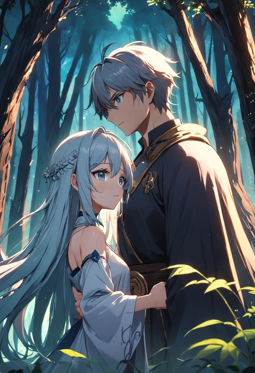 um homem e uma mulher. uma sacerdotisa e um feiticeiro. uma floresta misteriosa. renderizações hiperdetalhadas, estilo anime, 8k, olhos detalhados, olhos perfeitos, epic, dramatic, genial, corpo inteiro, design e detalhes intrincados, lighting dramatic, 8k, rosto detalhado