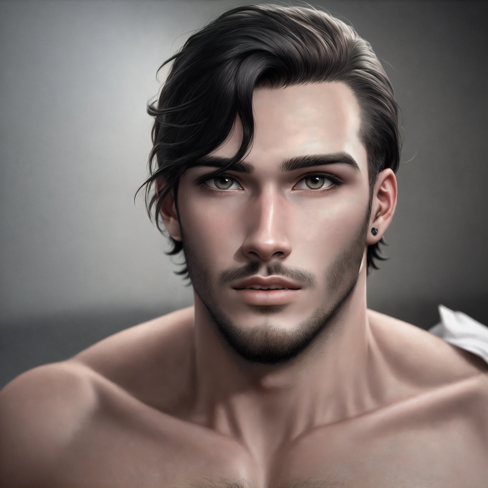 hombre desnudo, dramatic lighting, oil painting style, detailed muscles, fuerte contraste, sombras intensas, high resolution, realistic representation, mirada intensa, Funciones robustas, chiaroscuro, pinceladas magistrales, powerful physique, sensual pose, captivating expression