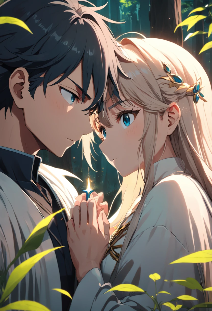 um homem e uma mulher. uma sacerdotisa e um feiticeiro. uma floresta misteriosa. renderizações hiperdetalhadas, estilo anime, 8k, olhos detalhados, olhos perfeitos, epic, dramatic, genial, corpo inteiro, design e detalhes intrincados, lighting dramatic, 8k, rosto detalhado