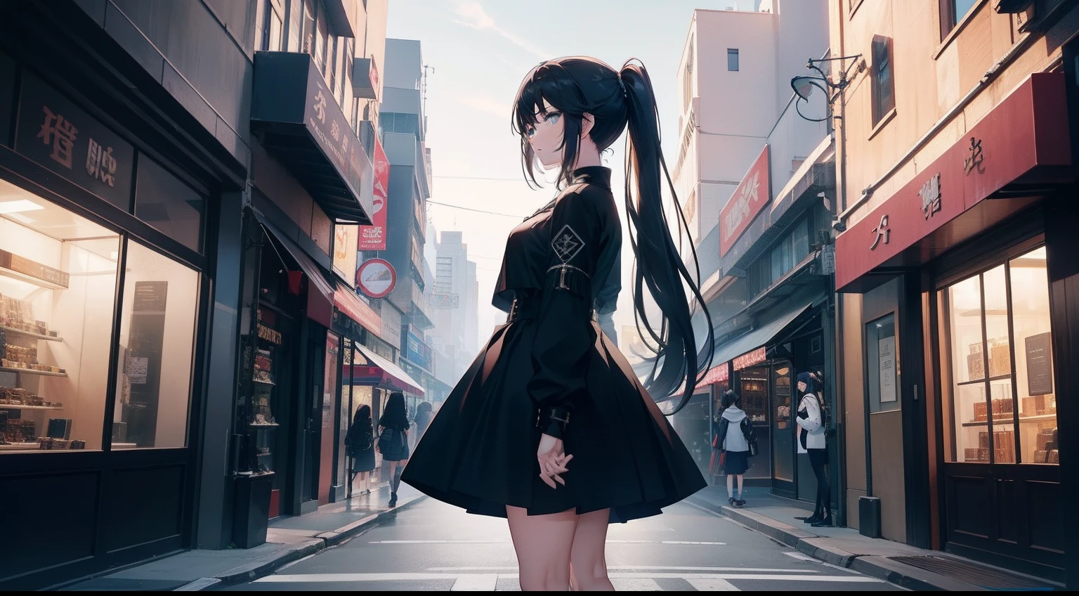 anime style photo of aera chand, anime girl in black outfit standing , anime style. 8k, anime girl wearing a black dress, stylized anime, standing in a city street, anime set style, blue eyes, closeup shot, braided side hair, ponytail, long hair, black jacket, black shorts, black cape, in a shopping mall, looking at the clothes shop