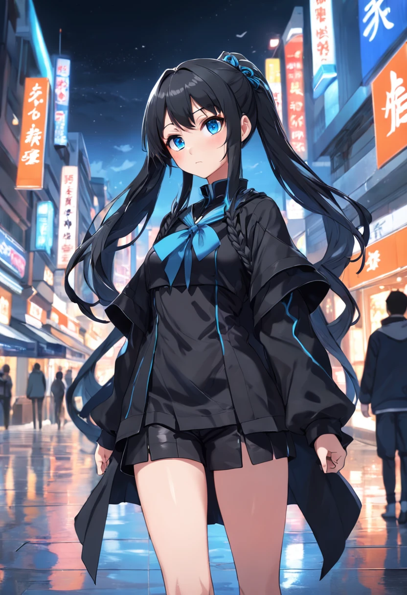 anime style photo of aera chand, anime girl in black outfit standing , anime style. 8k, anime girl wearing a black dress, stylized anime, standing in a city street, anime set style, blue eyes, closeup shot, braided side hair, ponytail, long hair, black jacket, black shorts, black cape, in a shopping mall, looking at the clothes shop